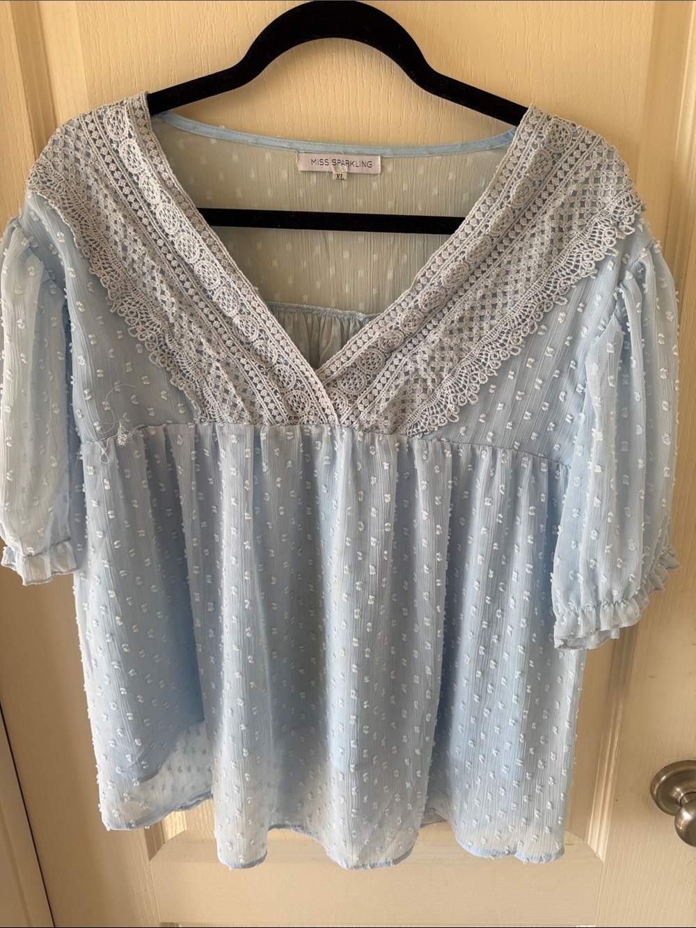 Miss Sparkling Light Blue Swiss Dot Lace V-Neck Tunic
